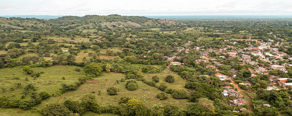 Vista panorámica de un terreno con zonas verdes y casas.